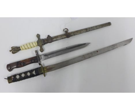 Replica Nazi dagger and scabbard, bayonet and a small dagger, (3) 