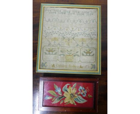 19th century needlework sampler worked by Christian Riches, together with a small floral tapestry, both in glazed frames, lar