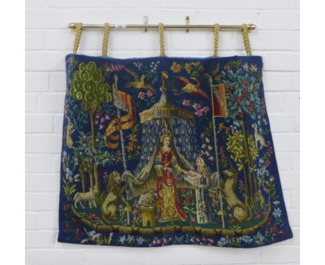 Modern woolwork tapestry with a faux brass hanging pole, 90 x 83cm 