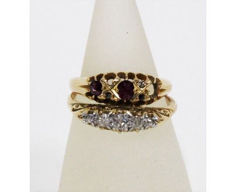 18ct gold ruby ring and a five stone diamond ring, claw set in an unmarked gold band, UK ring size Q, (2)