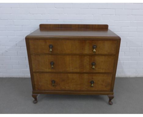 Vintage ledgeback chest with three long drawers and cabriole legs, 91 x 87 x 46cm 