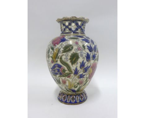 Zsolnay Pecs vase with Islamic style decoration and pierced rims, 19cm high 