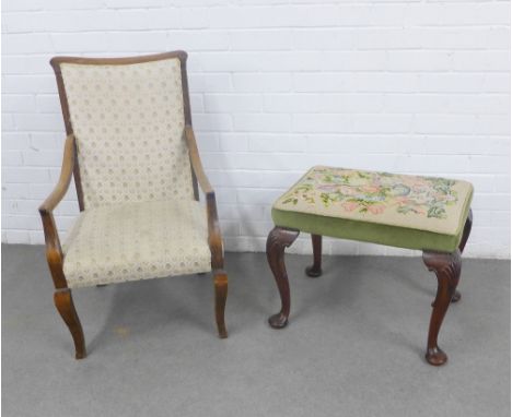 Mahogany stool with a tapestry upholstered seat on shell carved cabriole legs and an early 20th century open armchair with up