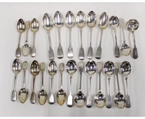 A large collection of 19th century fiddle pattern flatware, with mixed hallmarks and makers to include 6 table spoons, 9 dess