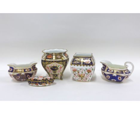 Royal Crown Derby porcelain to include a square vase and another, trinket dish and cover and similar Imari porcelain table wa