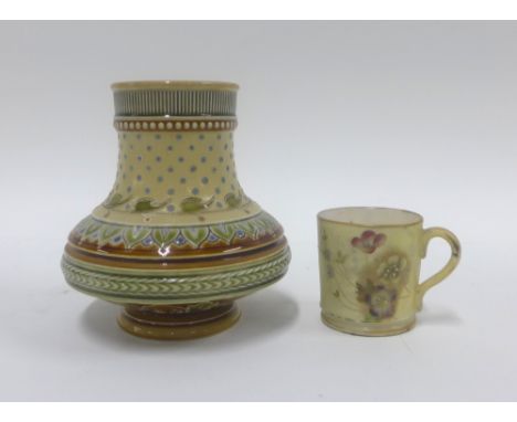 Royal China Works, Worcester miniature porcelain cup and a Mettlach style vase, tallest 9cm (2) 