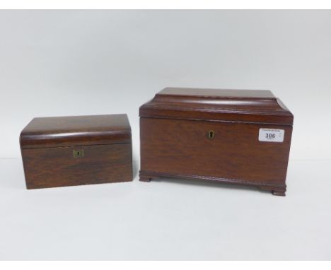 19th century mahogany sarcophagus tea caddy and a later caddy with two lead lined divisions, largest 26 x 17cm (2)