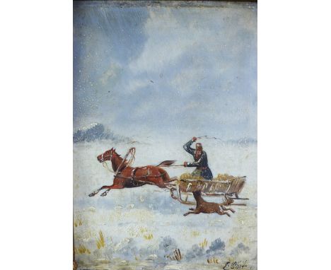 L. Obit (19th century Prussian School) oil on board of a winter scene with sled and dog, signed, in a gilt frame, 21 x 15cm 