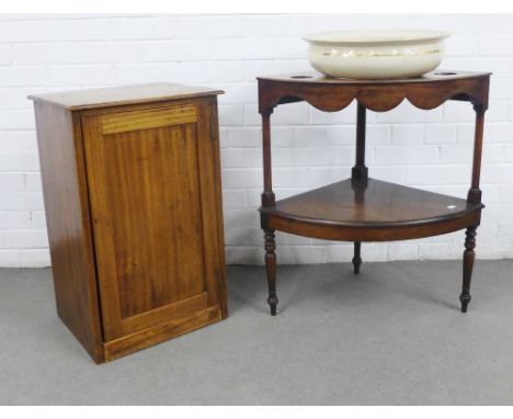Georgian mahogany corner washstand containing a Staffordshire pottery basin, together with a mahogany bedside cupboard, talle