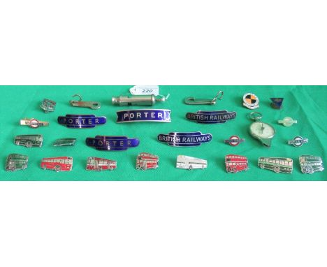 A quantity of miscellaneous British Rail badges, together with a compass and whistle.