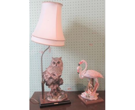 A Capodimonte owls table lamp, together with a model of a pair of flamingos.