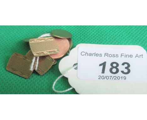 A pair of 9ct rose gold oval cufflinks, monogram engraved and a pair of 9ct engine turned rounded rectangular cufflinks.