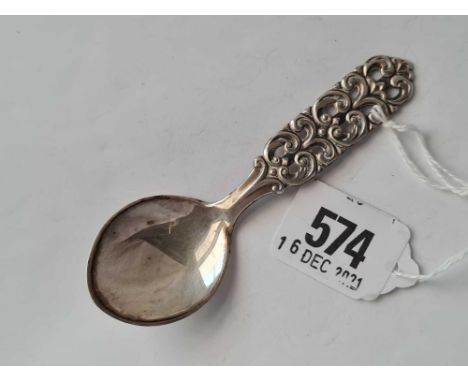 A continental (830 standard) caddy spoon with pierced scroll stem - by NM