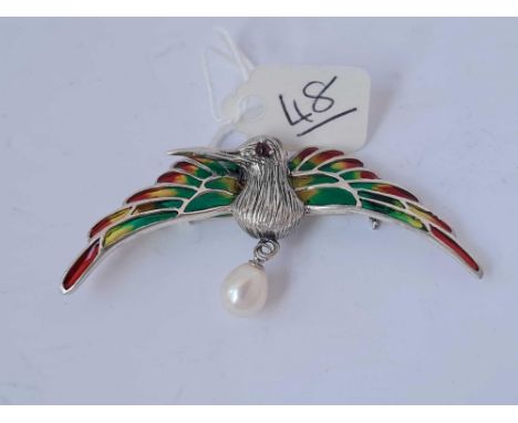 A plique a jour brooch " a bird with pearl drop" 