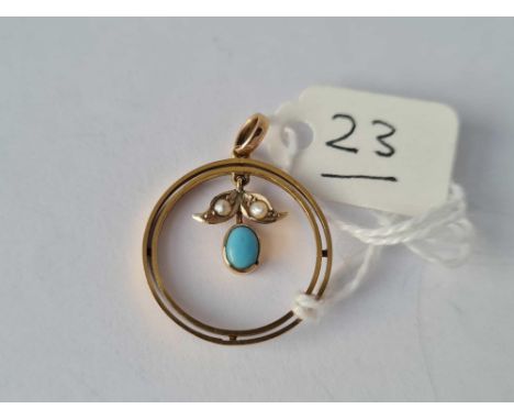 An  circular gold turquoise &amp; pearl pendant 