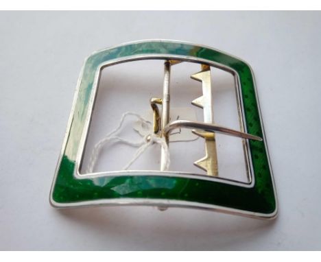 A large 3cm wide silver &amp; green Guilloche enamel buckle mark Berlin C1910 44.8g