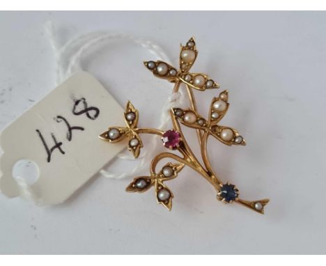 A pearl, ruby and sapphire 15ct gold brooch 3.1g