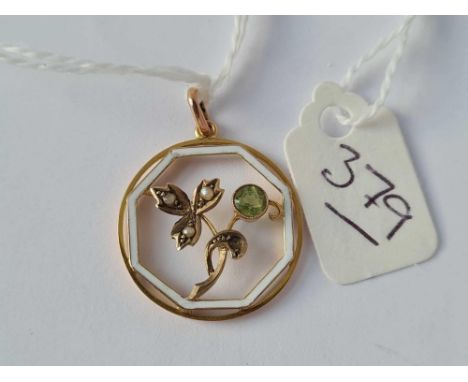 A pearl and peridot and enamel pendant 9ct gold - 2 gms