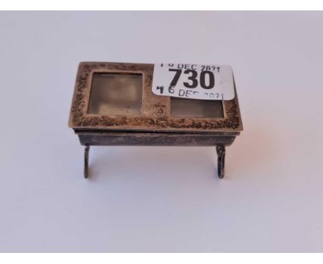 A late Victorian stamp box, trough shaped on scroll feet, 2.5" wide, B'ham 1899