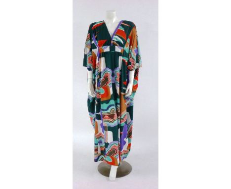 A Colin Glascoe London psychedelic print long dress,1970s, with batwing sleeves,a Frank Usher multicoloured print halter-neck