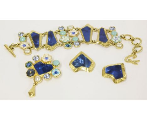 A vintage Christian Lacroix iridescent blue plaque link bracelet, brooch and earring suite,with pastel flower head and chain,