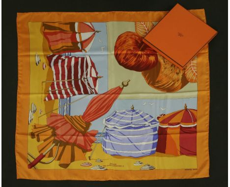 An Hermès silk scarf,'Charmes des Plages Normandes II', orange ground with a printed seaside design, in a box with ribbon and