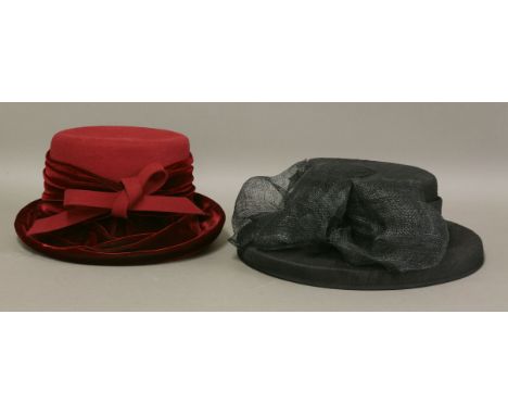 A Frederick Fox black dupion silk hat,with a sinemay raffia bow, in Selfridges box, anda Graham Smith at Kangol red felt hat,