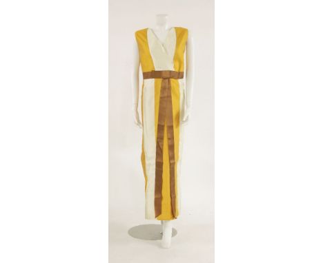 A Valentino vintage dress and matching jacket,V-shaped sleeveless silk, cream and yellow ochre striped dress with brown ribbo