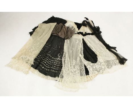 A collection of vintage lace flounces, shawls and lace collars etc.,to include an English homemade lace collar with a floral 