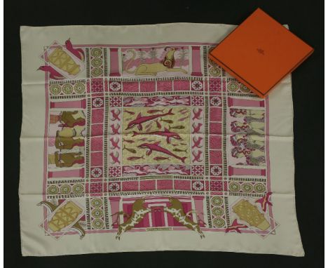 An Hermès silk scarf,'Les Secrets de Minos', designed by Sophie Koechlin, cream ground with a pink printed mythology themed d
