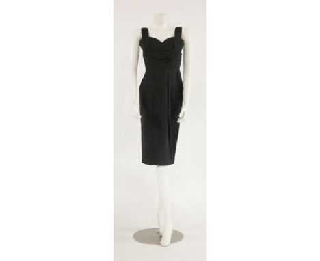 A 1950s black cotton sleeveless evening dress,with rounded sweetheart neckline and button detailing to front,a black chiffon 