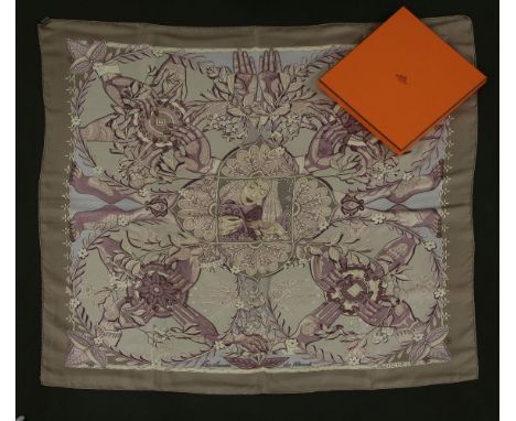 An Hermès silk scarf,'Les Chants du Henne', designed by Laurence Bourthoumieux, taupe ground with a printed Indian henna desi