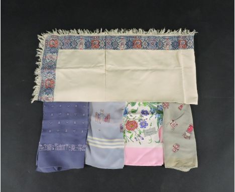 A Gucci silk scarf,with flower design, three vintage scarves, anda wool shawl, with woven border (5)