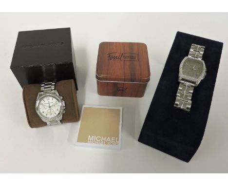 A stainless steel Michael Kors 'Blair' ladies' chronograph quartz bracelet watch,with diamanté set bezel, silvered dial and t