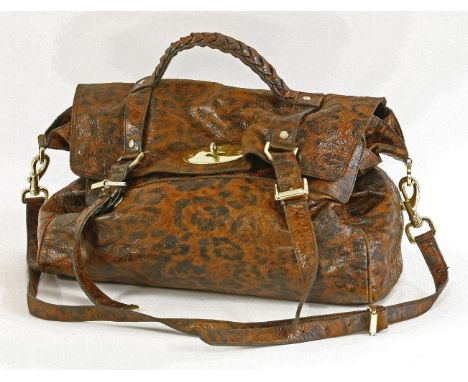 A Mulberry 'Alexa' shiny oak leopard print leather satchel,polished buffalo leather with flap, gold tone postman's lock faste