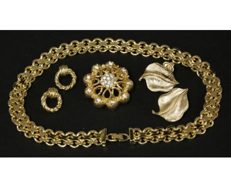 A Christian Dior gold-plated Bismarck necklace,a Christian Dior paste set brooch, c.1970,a pair of Trifari gold-plated leaf c