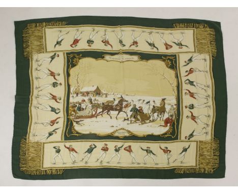 An Hermès silk and cashmere scarf,'Plaisirs du Froid', designed by Hugo Grygkar, a cream ground with a printed scene of coupl