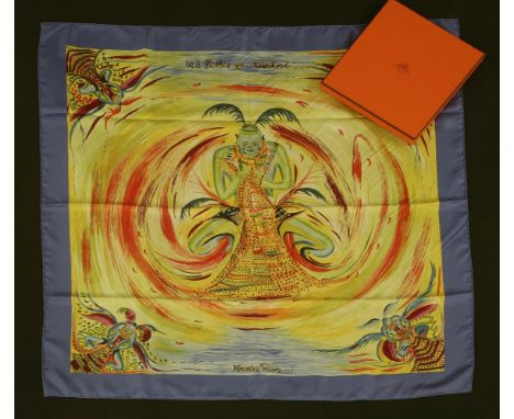 An Hermès silk scarf,'Perles du Turkana', by Sefedin Ibrahim Alamin, blue ground with a printed mythological design, with rib