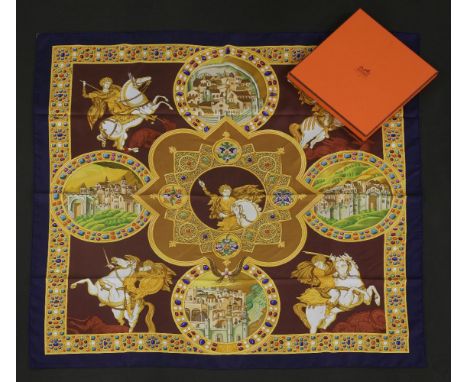 An Hermès silk scarf,'Le Triomphe du Paladin', designed by Julia Abodie, navy and mauve ground with a historic equestrian des