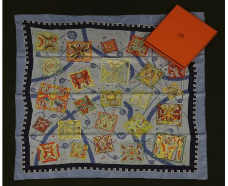 An Hermès silk scarf,'La Mécanique des Idées', designed by Christine Henry, blue ground with an abstract printed design, in b