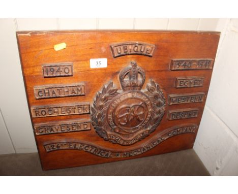 A WWII Royal Engineers carved wooden trench art panel for 126 Electrical and Mechanical Company