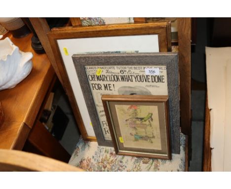 A vintage advert "oh Mary Look What You've Done For Me", a pair of coloured hunting prints "The Meeting" and "Going To The Me