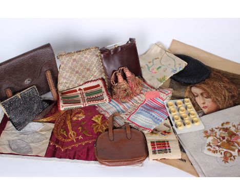 A mixed lot of accessories and textiles; comprising leather handbags and purses, vintage evening bags, a wool tapestry of The