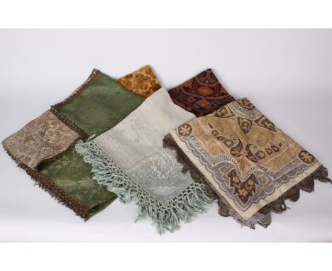 An Ottoman cloth embroidered with metallic thread, and a metallic handmade lace border; a panel of crewel embroidery, a green