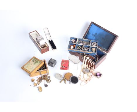 A collection of costume jewellery, ivory beads, a boxed silver bangle, 1936 Olympic tie-pin, watch chains, compacts, a 1930s 