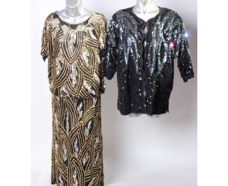 A 1950s black evening dress embellished with bugle beads; a Paradise silver and gold bead and sequin skirt and matching top, 