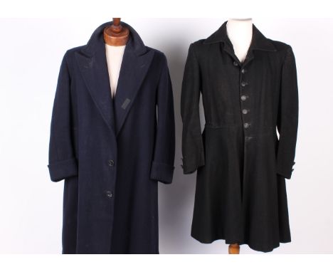 An early 20th Century man's black wool coat; a 1940s blue wool coat with a CC41 Utility label, J Wippell & Co. cassock, a pai