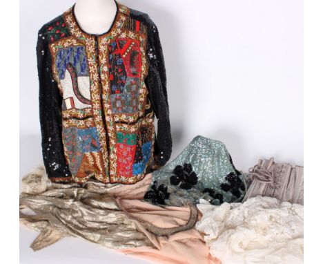 A quantity of reworked costume; a bead and sequin embroidered jacket, a panel of blue and black sequins sewn onto net, two mo