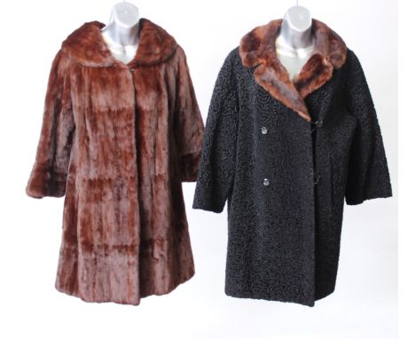A Dickens and Jones late 1950s fur coat; a fur bomber jacket with elasticated hem, an F K Bauers chestnut coloured fur coat, 