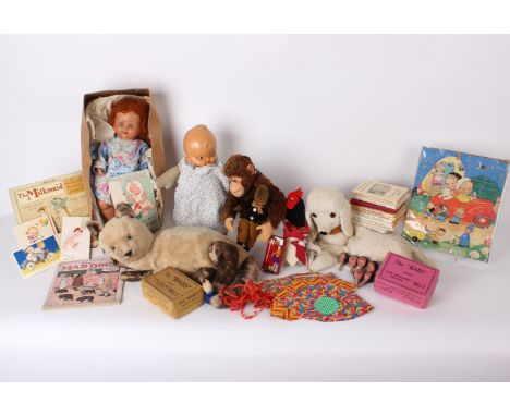 A 1940s composition doll; a plush and velvet toy monkey, a Norah Wellings velvet clothed doll, a kewpie head baby doll, a qua